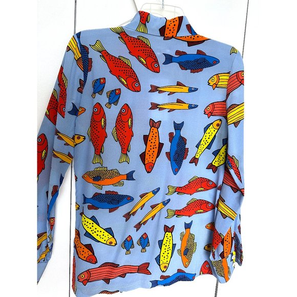 NWT LHD Star Island Blouse Shirt Silk Blue Corsican Trout Print Fish Colorful 4 - Picture 12 of 12